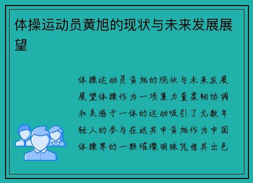 体操运动员黄旭的现状与未来发展展望